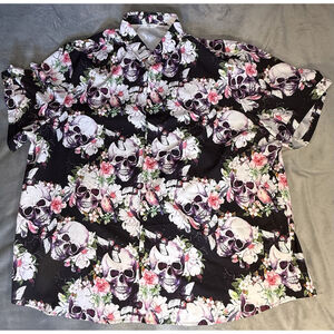 SheLucki Men's Shirt All Over Skulls Floral Button Up Short Sleeve XXL
